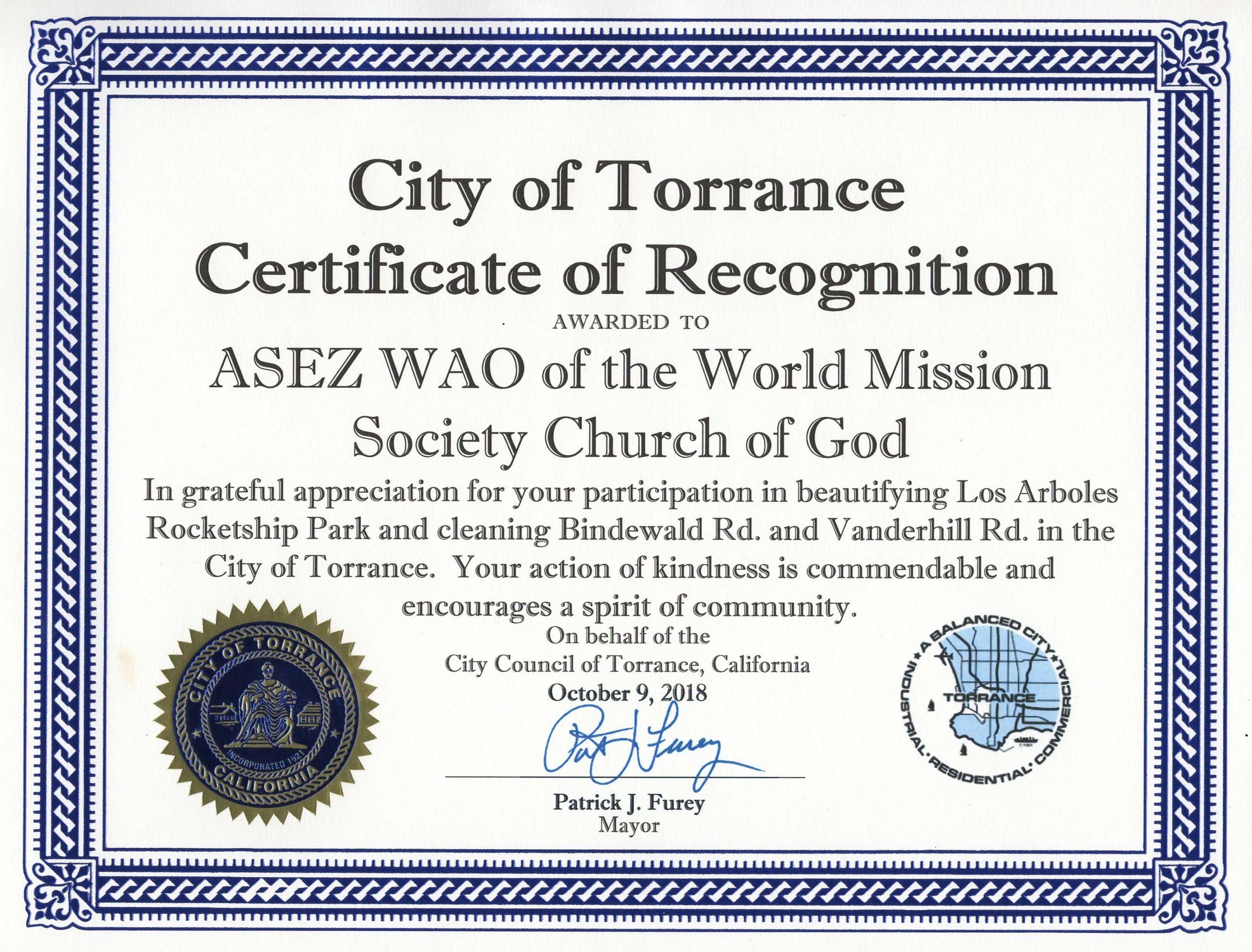 Read more about the article Certificate of Recognition Awarded to ASEZ WAO of the World Mission Society Church of God