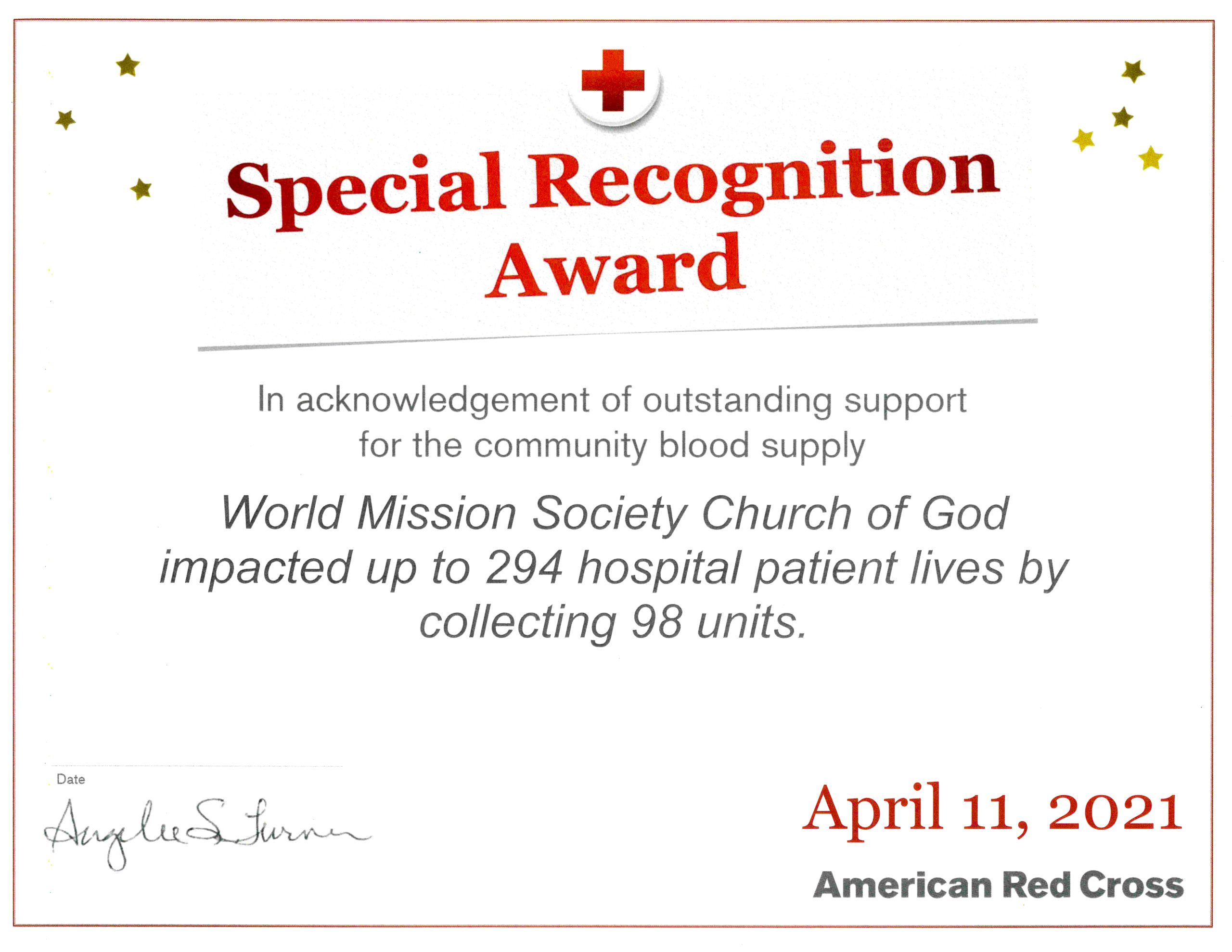 Read more about the article Special Recognition Award given by the American Red Cross
