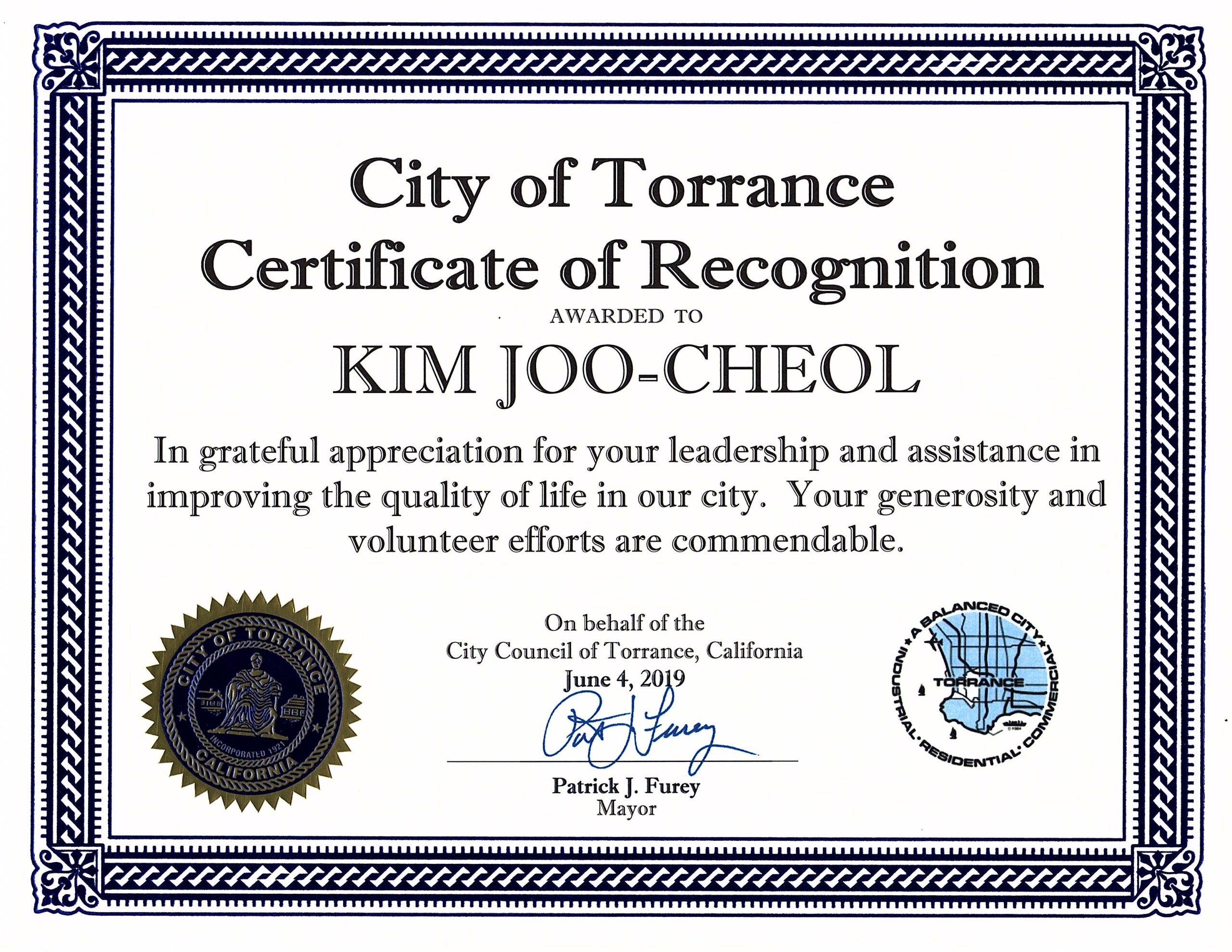 Read more about the article Certificate of Recognition Awarded to Kim Joo-Cheol