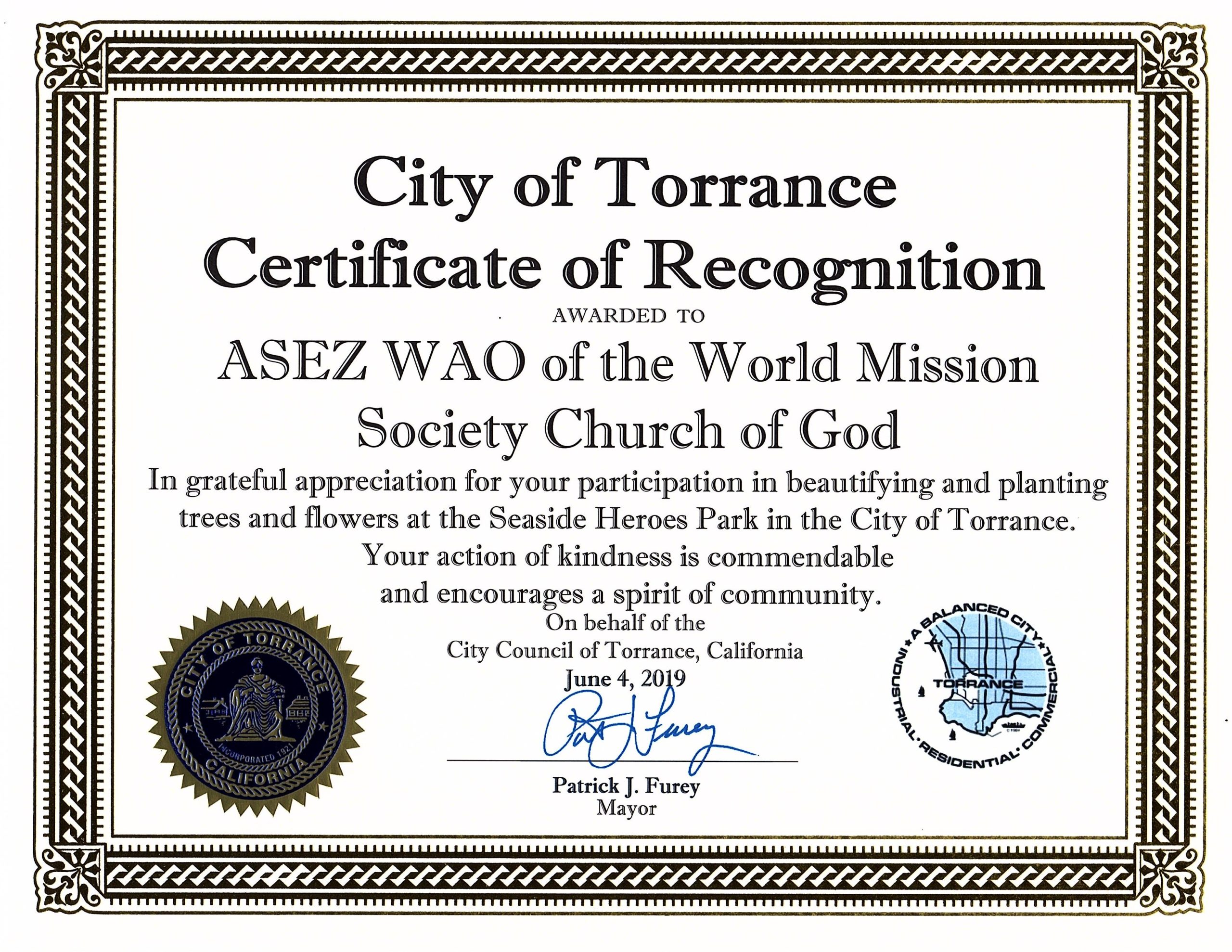 Read more about the article Certificate of Recognition Awarded to ASEZ WAO of the World Mission Society Church of God