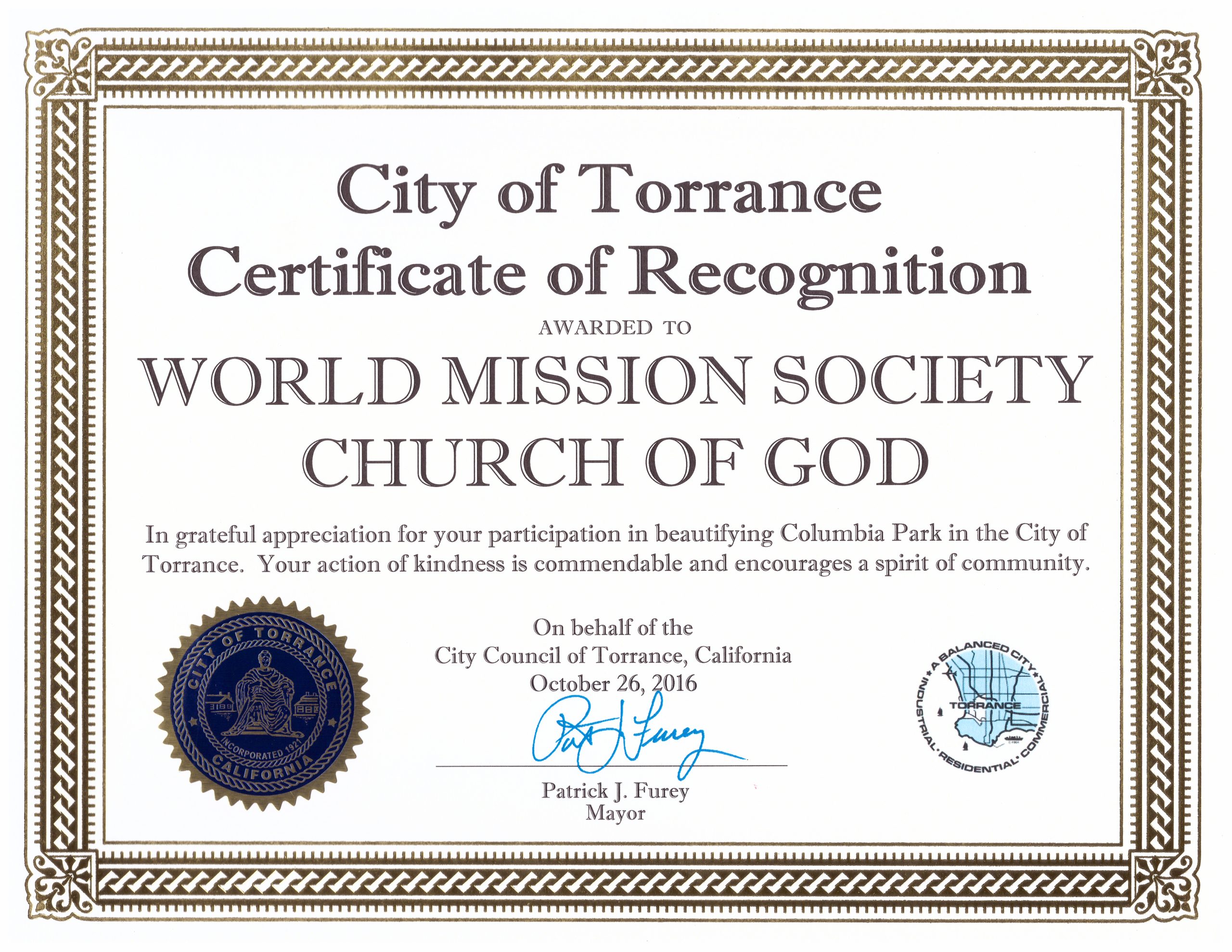 Read more about the article Certificate of Recognition Awarded to the World Mission Society Church of God