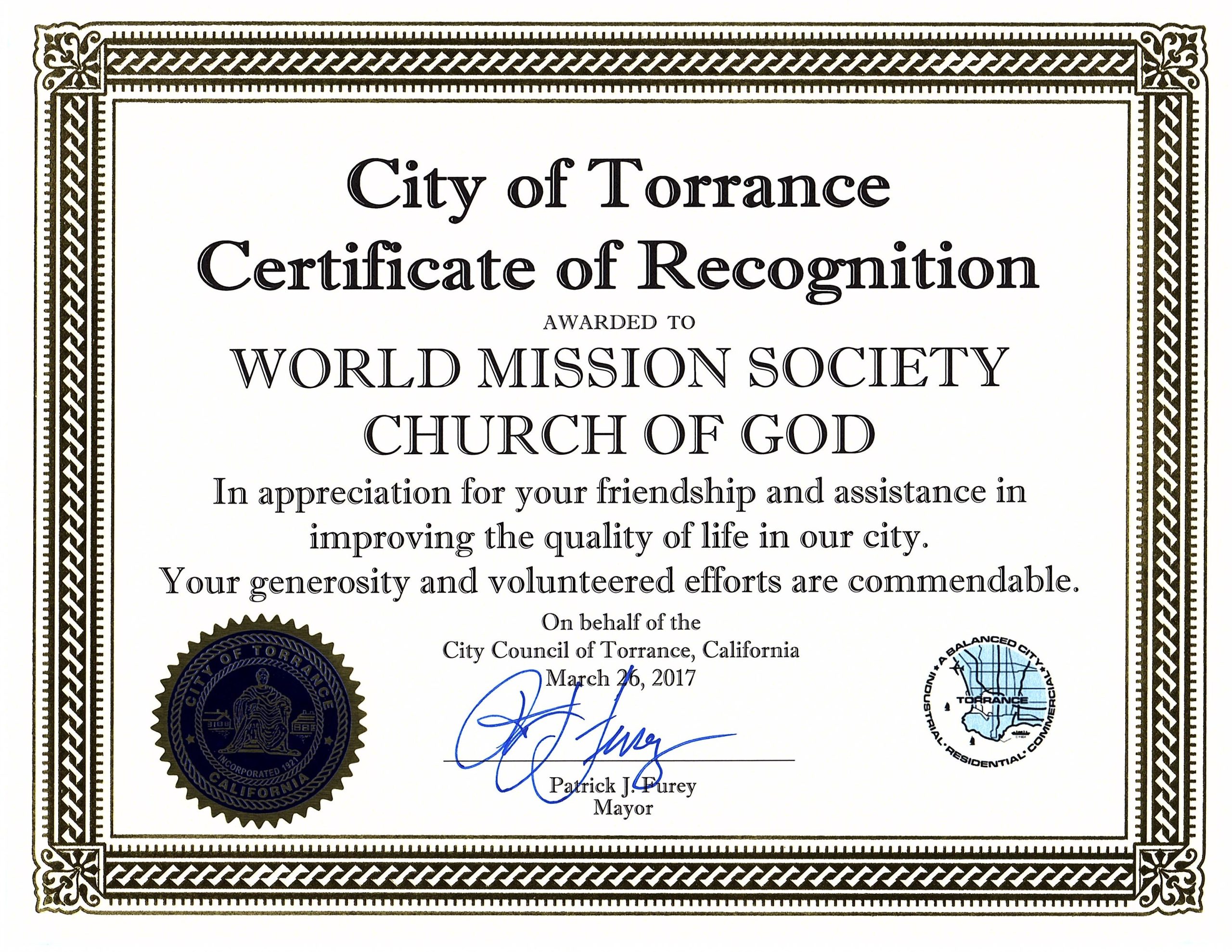 Read more about the article Certificate of Recognition Awarded to the World Mission Society Church of God